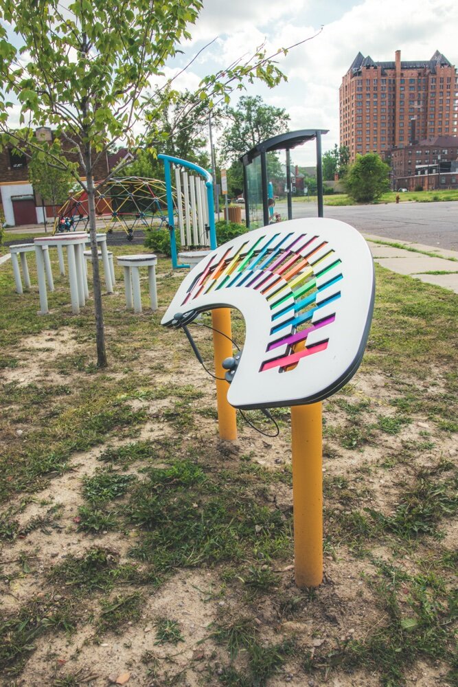 Interactive musical equipment, like this xylophone, highlight new play features at the park.