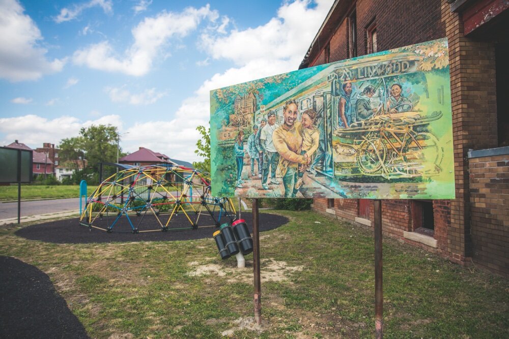 Rest. Play. Ride Park was first built in 2020 to provide respite for riders of the 29 Linwood bus route. Play features, like this geodesic dome, were added this year.