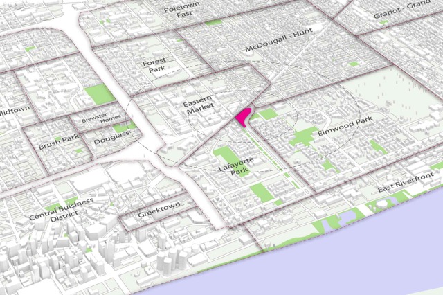 Map indicating the location of the oddly-shaped development - Gensler Detroit