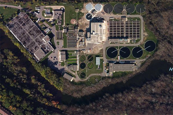 Ann Arbor Wastewater Treatment Plant and the Huron River/ Photo Credit: Bing