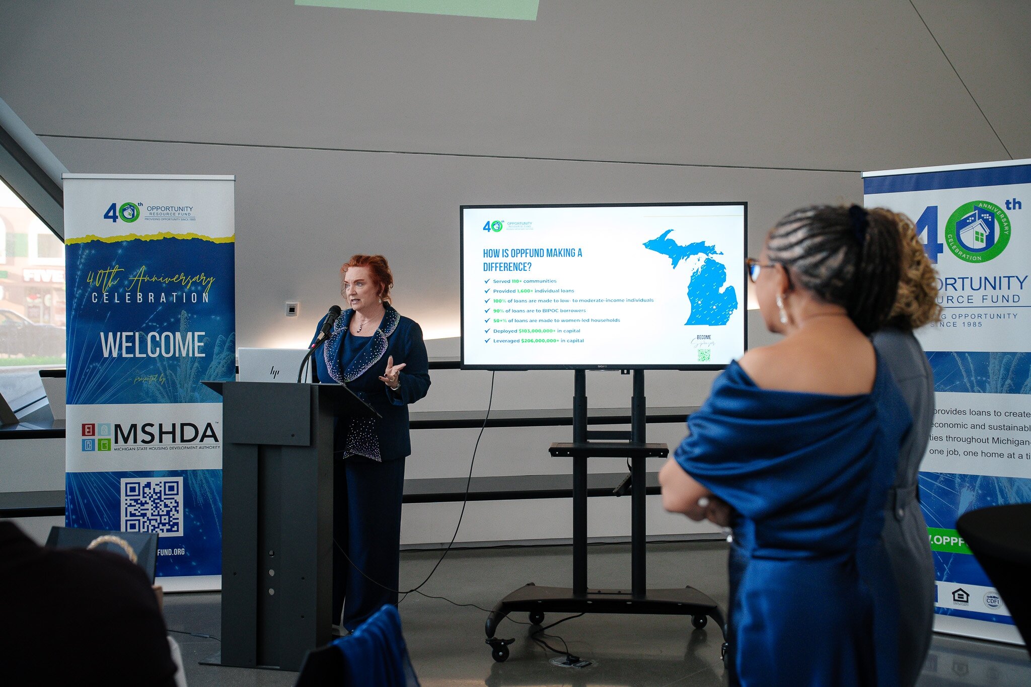 Former President and CEO Christi Coady Narayanan speaks at one of Opp Fund's anniversary events. Courtesy photo.